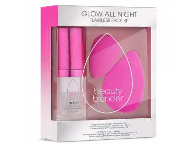 beautyblender Glow All Night - Набор Спонж для макияжа Розовый + Двухсторонняя пуховка для пудры + Освежающий спрей для фиксации макияжа 1шт + 1шт + 15мл