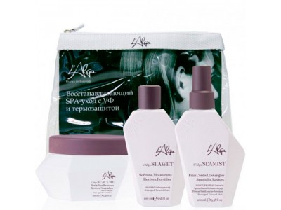 L′Alga Travel Set - Дорожный набор «Глубокое восстановление волос» в прозрачной косметичке (Шампунь оздоравливающий + Спрей несмываемый термозащитный + Маска восстанавливающая) 100 + 100 + 100мл